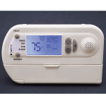 Rectangular thermostat with control buttons on sides of screen and screen to display control settings.