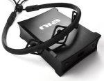 A corded head strap and a rectangular device is shown.