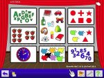 Software menu with illustrated theatre stage background and a menu grid of several different icon graphics.