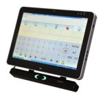 Black, rectangular tablet with keyboard on screen and camera mounted to bottom of screen.