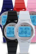 Five wristwatches in five different colors; blue, red, pink, black, and white.