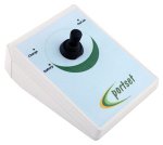 Triangular inclined device with joystick in center and logo written across the bottom edge.