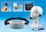 Medium-sized off-white device that resembles a "boom box," with a black strap attached. There is also a "telemarketer"-style headset that fits over one ear and features a built-in mic. At the top, a small black microphone and a carrying bag are shown.