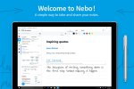 The MyScript Nebo app open on a mobile device. Documents are organized in a column on the left side with an open document open on the right. Active pen styling options are available in a row at the top of the screen.