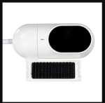  A capsule-shaped device in a landscape position that sits atop a rectangular mount. It is white with a cord at one end, an LED indicator in the middle and about half of it consists of a large black oval screen on the other end. The mount is white with a black rectangle.