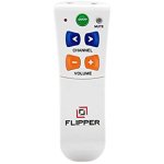 White rectangular remote with green power button, blue channel control arrow buttons, and orange volume buttons. Mute button at top right of device and logo displayed on bottom half underneath controls.