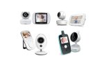 Various models of video monitors. They include two components: the first is a small, free-standing camera that resembles a webcam; the second component is a small device with a screen resembling a small smartphone. All of these devices have a built-in kickstand. One has a very short antenna. Three of the monitor systems are white; one is black and teal, with a white camera component.