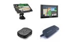 Various models of vehicle GPS. Two models are small and medium-sized touchscreen devices displaying maps and a navigation menu. One has a built-in stand. The other two models do not have a display screen but only serve as tracking devices, meant to be installed within a vehicle. They are small, black, rectangular box devices. One has a cord attached. The words "GPS Tracker" are printed atop this model.