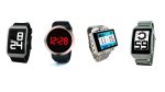 Various models of large display digital watches. They resemble standard digital watches with large, high-contrast displays and numbers. Two displays are rectangular and vertical; one is round; and another is a horizontal rectangular display. Two watches are silver; one is black and grey; and another is black and copper.