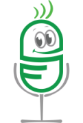 Green cartoon image of microphone with smiling face.