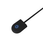 Black, medium-sized, oval/rectangular device with a blue button on its front, and a black cord attached. 