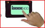 Women's hand with index finger touching display of a small, rectangular handheld device.