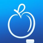 Blue square with a stylized image of white outlined apple in the middle.