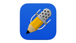 Blue rounded square with an image of a combination pencil point and microphone.