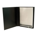 Open photo album with black cover on the left and white pages on the right.