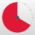 White square with an analog clock face with no numbers and two thirds of face filled in with the color red.