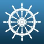 Blue square with a ship steering wheel in the center.