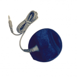 A small, round, and dark blue pillow cushion with a grey cord attached.
