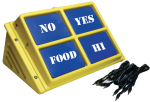 A medium-sized, yellow, and rectangular device that features four blue squares with writing. The squares read "no," "yes," "food," and "hi." The device has a built-in kickstand. A black cord is shown next to the device.