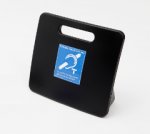 A black square with a cut-out at the top, similar to that of a clipboard, with the universal "hearing-impaired" symbol in the center.