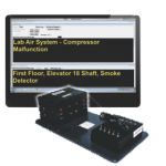 A computer model displaying a program with two alert messages that read "Lab Air System - Compressor Malfunction" and "First Floor, Elevator 18 Shaft, Smoke Detector." The messages are in high-contrast yellow font against a black background. 