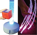 A long thin tube with light blue bubbles inside, a hand-sized red and purple cube, and an image of long thin white "tentacles," with pink lights.