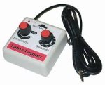 Small, square white control box with two knobs and a cord with a standard connection plug.