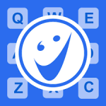 Blue square with white circle in the middle and a smiley face inside all against a background of a grid of squares with letters inside.