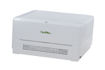 Angled view of white rectangular box with vent grill on bottom along the front.