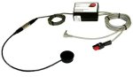 Small square device with white face and red indicator light in upper right. Attached is a long black cord with a round activation device at the end. Also attached are two more cables with different connectors.