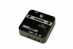 Small, square black device with small LCD display and control buttons on face and three port connections on side.