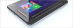 Angled view of black rectangular tablet computer showing front left corner and colorful grid on the screen.