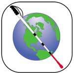 Rounded square with an image of the earth in the middle and a cane diagonally across it.