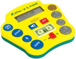 A large yellow device with round, blue menu buttons on the left-hand side and various coin icons, as well as a U.S. dollar image on the right and center of the device. At the top, there is a narrow LCD display panel.