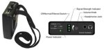 Small black device with lanyard on left and a side panel view of the device on right showing connector ports and control knobs.