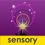 Square with purple background with the index finger of a hand pointing up and touching a star that has rings of various colors radiating out from it. A yellow bar with the lowercase word sensory is at the very bottom.