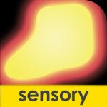 Square with black background and bright yellow blob-like shape in the middle with purple border. On the bottom is a yellow bar with the lowercase word sensory across it.