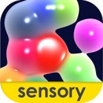 Rounded rectangle with black background and colorful round, bubble-like connected shapes. At the bottom is a yellow bar with the word sensory in lowercase.