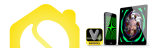 Outline of a house with chimney in yellow next to an app logo of capital letter V in a black square. An iPhone with a graphical image on its display is on the right, and next to that is a TV screen with a fun house image.