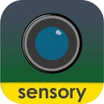 Rounded square with camera lens in the middle and the lowercase word sensory along the bottom in a yellow band.
