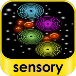Rounded yellow square with sensory written in lowercase across the bottom and colorful spirals and white stars on top against a black background.