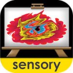 Rounded square with a colorful abstract image on an easel and against a black background. The lowercase word sensory is at the bottom in a yellow band.