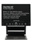 A free-standing monitor displaying magnified white text on a black background with menu buttons located at the bottom of the monitor.