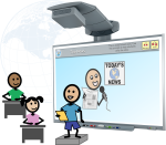 Three colorful stick figures. One standing on a small platform reading from a page, and two sitting at desks in front of him. Behind them all is a large computer display with Today's News written on it.