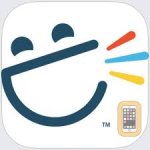 Rounded white square with smiley face with open mouth and three colorful talk bars coming out.
