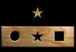 Black rectangular shape with a wood-like puzzle bar across the bottom with three openings for a star, a circle, and a square, and a matching star puzzle piece on top.