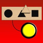 Red square with a wooden-looking puzzle board across the top and three cutouts connected to a large round yellow switch. A triangle-shaped piece is about to be placed into the puzzle board.