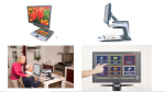 ClearView+ 22" models magnifying a photo of tulips; ClearView+ 22" HD UFA side view of monitor attached to arm; ClearView+ 24" Full HD UFA magnifying black text on a white background; and the ClearView+ 24" Full HD Speech touchscreen options, with a finger pointing to select "Save" option.