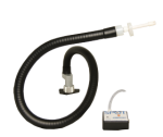 Long black curved arm with white plastic mouthpiece at one end and connector at the other end. Small rectangular device on right.