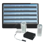 Computer monitor displaying screenshot of Vindicator software with two small speakers in front as well as a small black rectangular device.